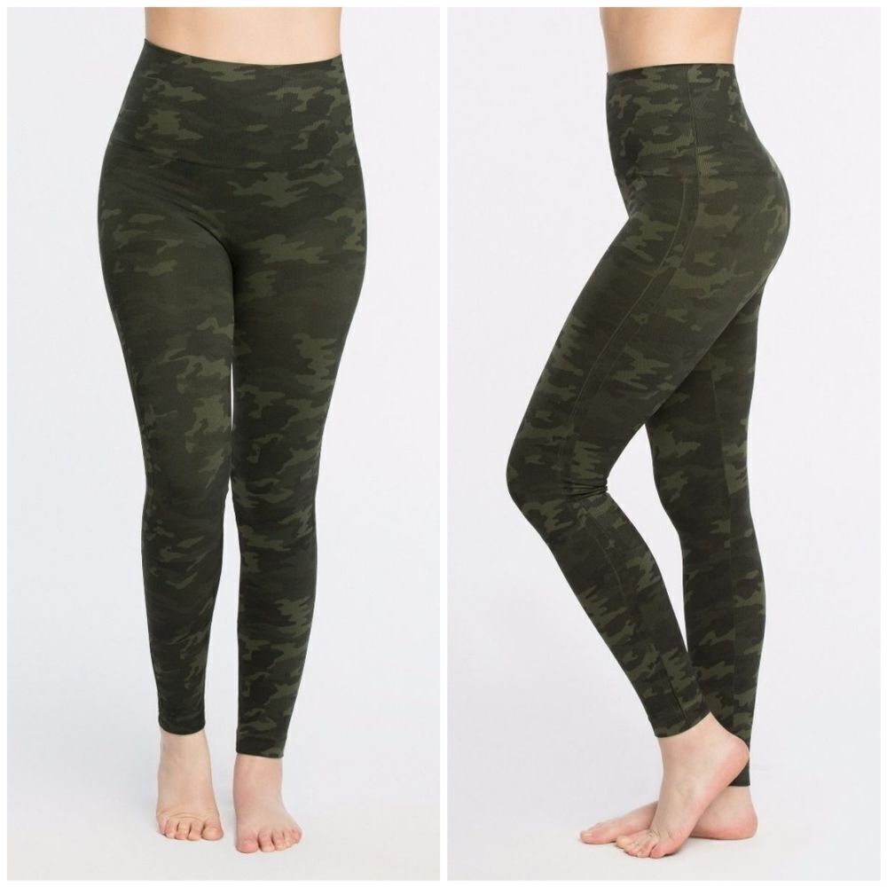 Spanx Womens Look At Me Now Green Camo Seamless High-Waisted Leggings Medium